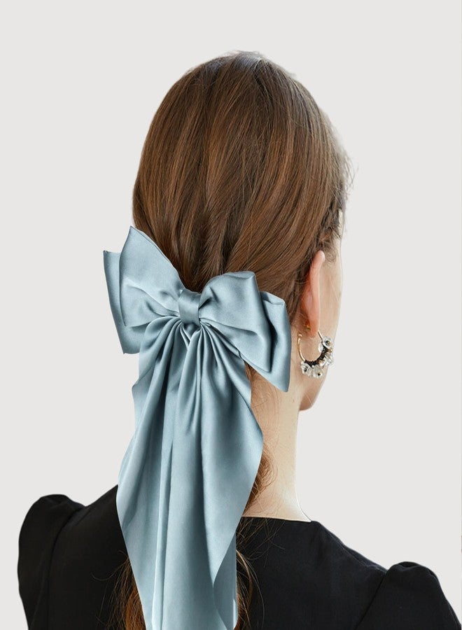 MIKONIKO Silky Satin Hair Bows - 4PCS Ribbon Bows for Women & Girls, Big Bow Hair Clips with Long Tail, Barrettes - Cute Hair Accessories Gifts (Black, Blue Grey, Grey, White) - Image 2